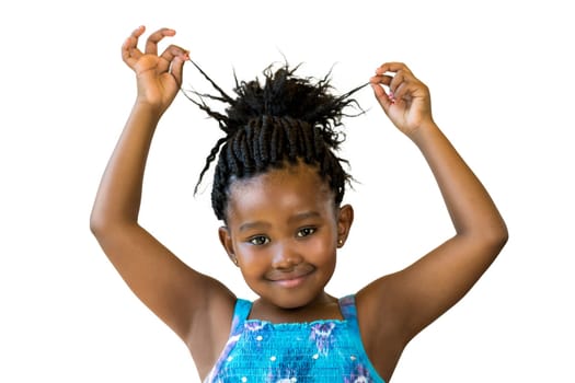 Close up portrait little african girl playing with braided hair.Isolated against white background.