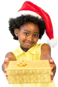 Close up portrait of little african girl wearing red christmas hat holding golden box.Isolated on white background.