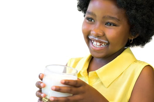 Close up portrait of happy african girl holding glass with milk. Isolated on white background.