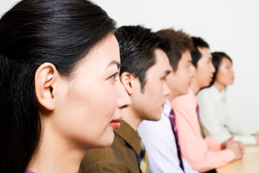 Three businessmen and two businesswomen sitting side by side