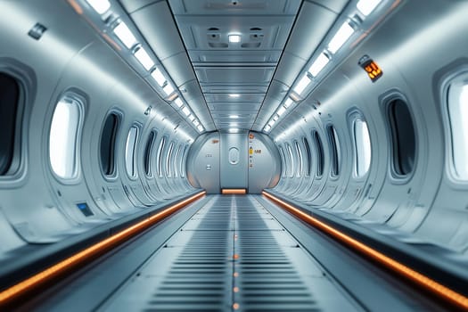Space station concept. Interior inside the space station. Corridor, portholes and door.