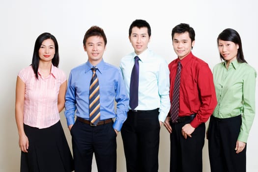 Portrait of five business executives standing and smiling together