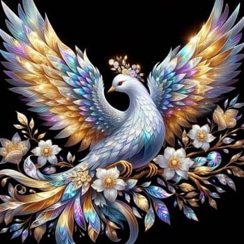 artificial intelligence generated image of a majestic bird with luminous iridescent,smooth,glistening clear glitter in gold and silver bold colors feathers.