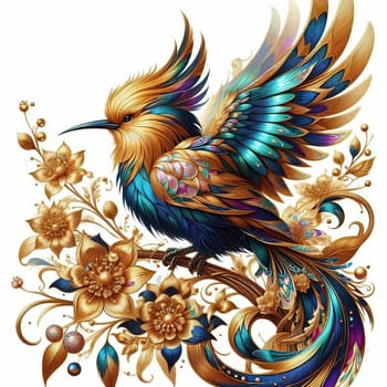 artificial intelligence generated image of a majestic bird with luminous iridescent,smooth,glistening clear glitter in gold and silver bold colors feathers.