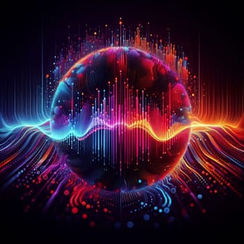 artificial intelligence generated image of an abstract representation of a analog sound frequency showcases colorful spectrum patterns.