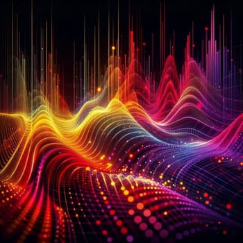 artificial intelligence generated image of an abstract representation of a analog sound frequency showcases colorful spectrum patterns.