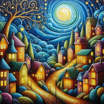 artificial intelligence generated whimsical painting of a cozy village by the hillside with swirling starry moon at night.
