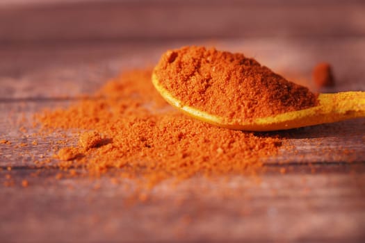 A colorful red powder is resting on a yellow spoon on wood.