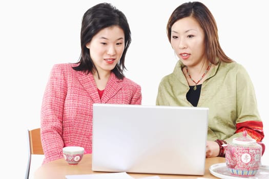 Close-up of two businesswomen using a laptop