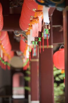Low angle view of Chinese lanterns in a corridor