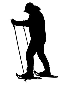 Schwarze Silhouette eines Schneeschuhwanderers auf weiss