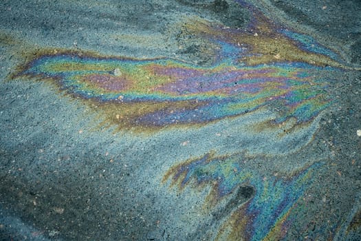 Colorful gasoline patch producing a striking rainbow sheen on the black asphalt road surface