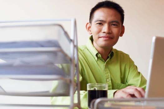 Portrait of a businessman using a laptop and smiling
