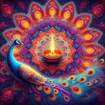 artificial intelligence generated fractal artwork of a lovely peacock with a lovely oil lamp in mandala decor.