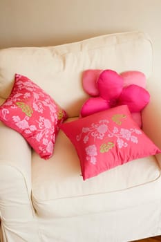 High angle view of cushions on an armchair