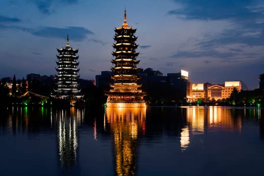 Sun and Moon Pagoda, Banyan Lake, Guilin, Guangxi Province, China
