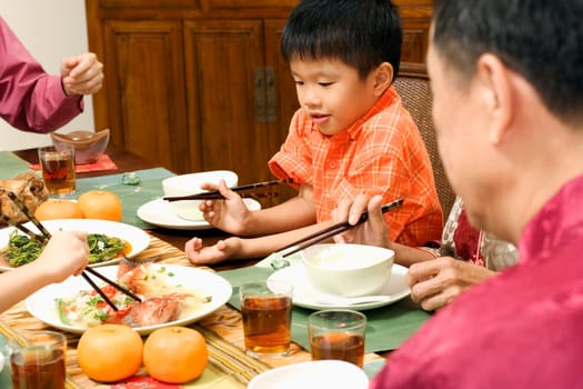 Close-up of a boy and his family at the dining table