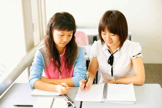 High angle view of two young women holding pens and looking at a spiral notepad