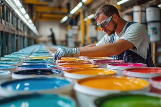 A worker at a paint factory mixes paint. Long rows of tin cans of paint on a conveyor belt. Factory for the production of paints.