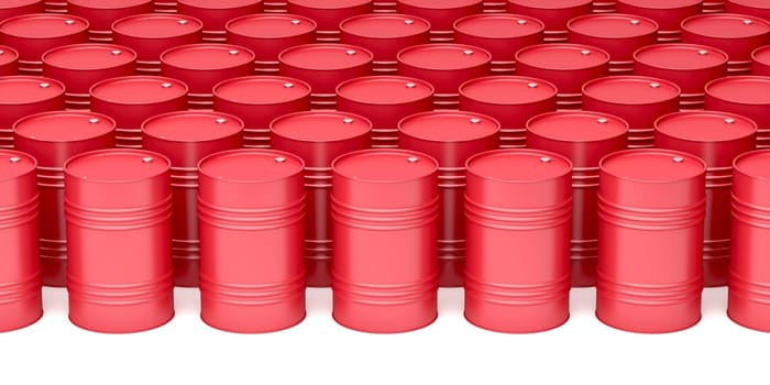 Many rows with red oil drums