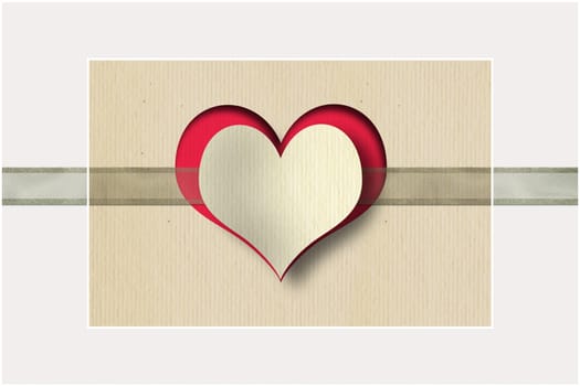 Heart, ribbon on pastel background. Love, Valentines, wedding design. Paper heart on organza ribbon on vintage background. Copy space, place for text. 3D illustration