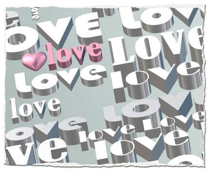 words LOVE on pastel green background, 3D pink heart. Valentines, Love, party invitation, mothers day, 8th March, wedding, greeting card. Place for text. Elegant pink love design. 3D render