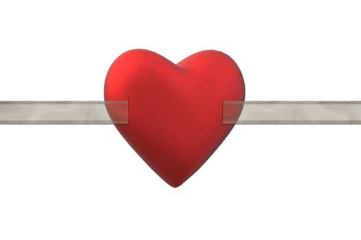 Heart, ribbon on white background. Love, Valentines, wedding design. Paper heart on organza ribbon. Copy space, place for text. 3D illustration