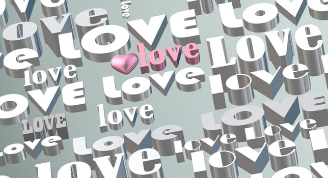 Gold multi words LOVE on pastel green background, 3D pink heart. Valentines, Love, party invitation, mothers day, 8th March, wedding, greeting card. Place for text. Elegant pink love design. 3D render