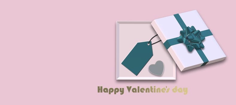 Open gift box, gold bow, gift tag, heart on pink background. Top view, flat lay, mock up. place for text. Valentines, love, sale, surprise, gift, birthday, wedding love template Horizontal 3D render