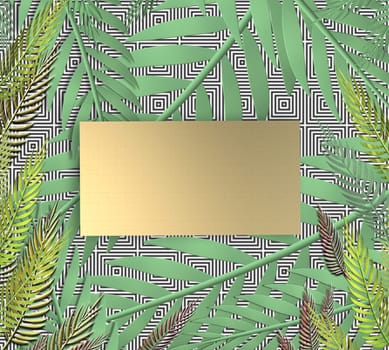 Tropical leaves on dark blue background. Gold gift label for mock up. Exotic botanical design. Mock up. 3D illustration