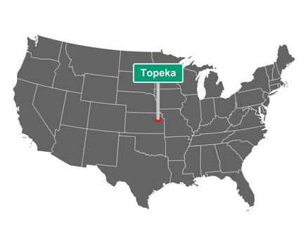 Topeka city limit sign and map of USA