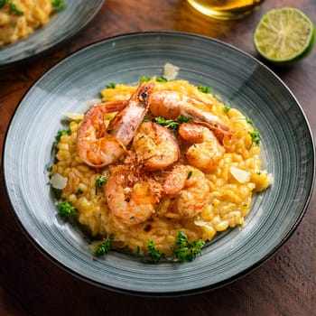 Risotto aux gambas features creamy Arborio rice topped with grilled prawns and garnished with colorful accents for an indulgent experience.