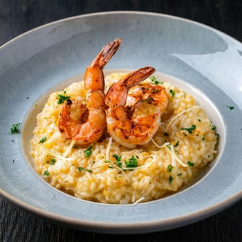 Risotto aux gambas features creamy Arborio rice topped with grilled prawns and garnished with colorful accents for an indulgent experience.