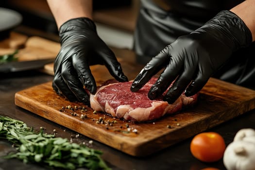 Beef steak with spices on a wooden cutting board and the chef's hands in black gloves.