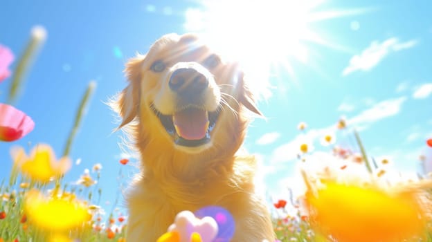 Golden retriever panting happily in a field of colorful wildflowers on a sunny day