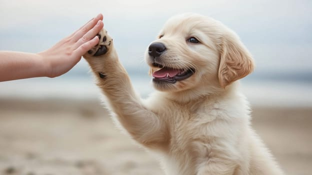 Adorable golden retriever puppy giving a high five on a sandy beach