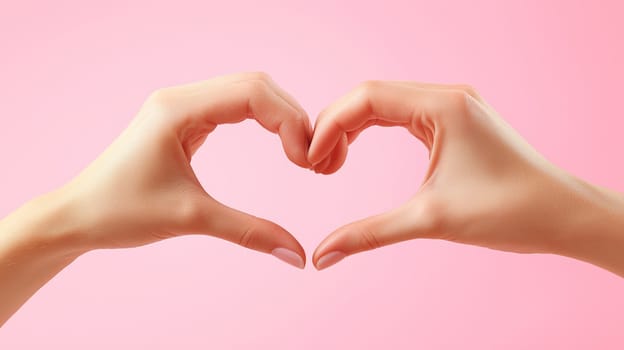 Woman making heart shape with her hands on pink background