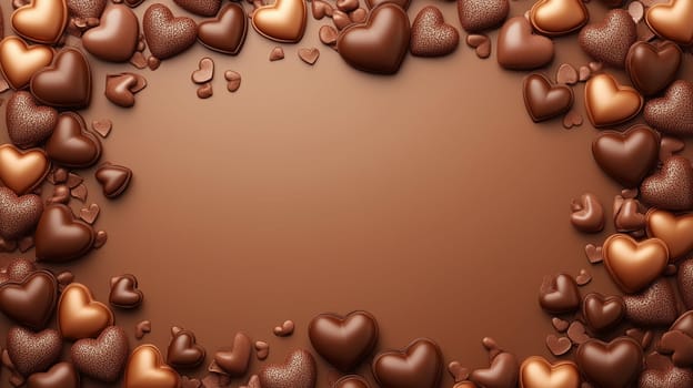 Chocolate heart-shaped pralines forming a romantic frame on a brown background, perfect for valentine's day or any romantic occasion