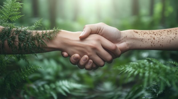 Close up of two hands shaking surrounded by ferns symbolize harmony and commitment to environmental protection.