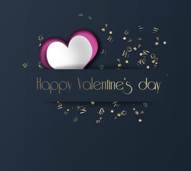 Luxury Elegant Happy valentine card. Pink paper heart, confetti on black blue background. Text Happy Valentine's day. 3D render. Luxury poster template Invitation