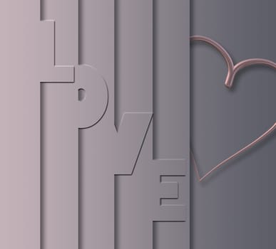 World love made of shadow on grey pastel wall with shape of heart. Love, Valentine, wedding, invitation card. Place for text. 3D illustration.