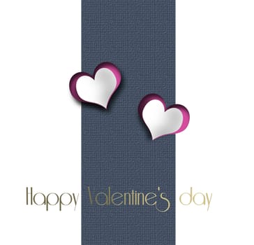 Love card, two hearts on white. Gold text Happy Valentines' day. Valentines day template, invitation anniversary. 3D render