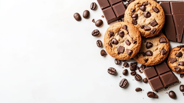 Chocolate chip cookies, coffee beans, and chocolate chunks arranged on a white background, creating a tempting corner design