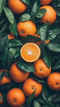 Freshly picked oranges creating a vibrant background with green leaves and a half orange showcasing the juicy interior