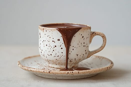 A cup of black coffee with chocolate drips on a table with a tablecloth and chocolate drops.