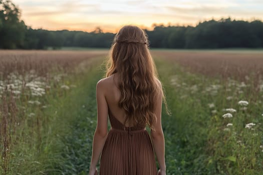 Back view of a young brunette girl with long hair in a brown dress on a path in a field in the evening.