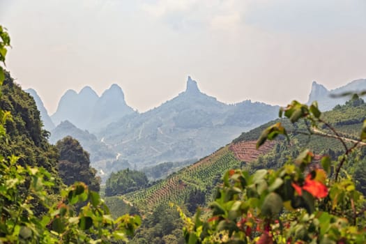 Picturesque mountain valleys of Yangshuo, Guilin, mountain range 23.08.2019