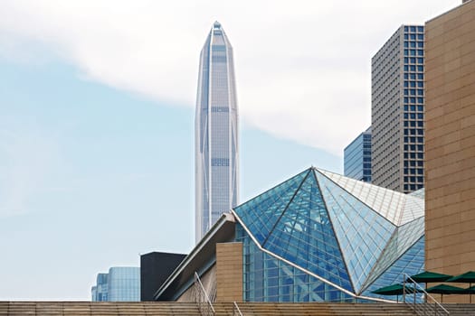 Roofs of high-rise buildings extending into the sky, China, Shenzhen, 22.08.2019