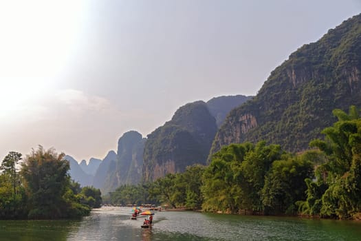Picturesque mountain valleys of Yangshuo, Guilin, mountain river for rafting 23.08.2019
