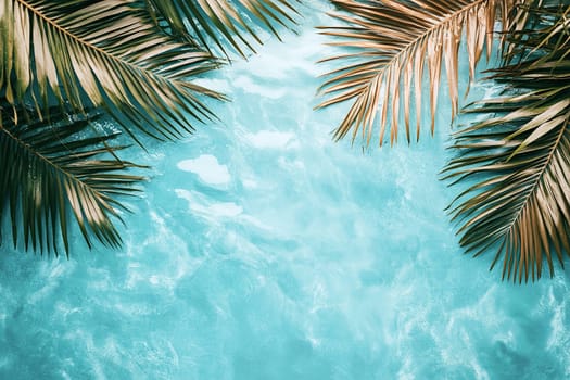 Tropical palm leaves on crystal clear blue water, top view. Banner with space for text.
